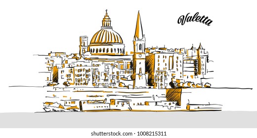 Sketch of Valetta, Malta. Hand drawn vector illustration with modern Headline. Use for greeting card and travel marketing.