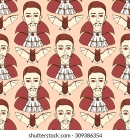 Sketch of vampire and bat in vintage style, vector seamless pattern