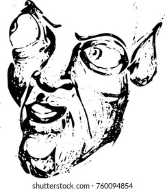 Sketch of vampire's head. Black and white print