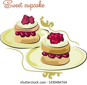 Sketch of vanilla cupcakes with raspberries