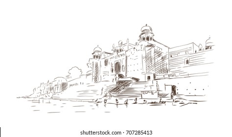 Sketch of Varanasi ghat in vector illustration.