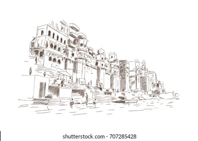 Sketch of Varanasi ghat in vector illustration.
