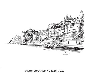 sketch of Varanasi landscape the building along river in India, hand draw