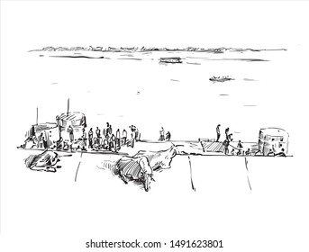 Sketch of Varanasi's people sitting near riverside in India, hand draw