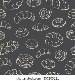 Sketch of various breads and pastries, drawn by hand. Vector seamless background. An excellent choice for kitchen design, a bakery, textiles and packaging.