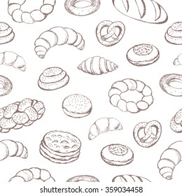 Sketch of various breads and pastries, drawn by hand. Vector seamless background. An excellent choice for kitchen design, a bakery, textiles and packaging.