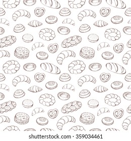Sketch of various breads and pastries, drawn by hand. Vector seamless background. An excellent choice for kitchen design, a bakery, textiles and packaging.