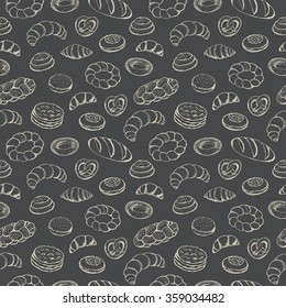Sketch of various breads and pastries, drawn by hand. Vector seamless background. An excellent choice for kitchen design, a bakery, textiles and packaging.