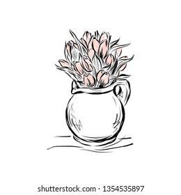 Sketch of a vase with bouquet tilips flowers.  