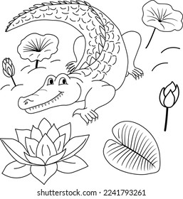 Sketch of vector alligator, flowers, lily, leaves. Illustration of a crocodile in the swamp for children's coloring