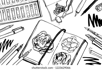 Sketch vector artist materials - top view. Black and white stylized illustration with drawing tools. Notepads, pastel, pens isolated on white background