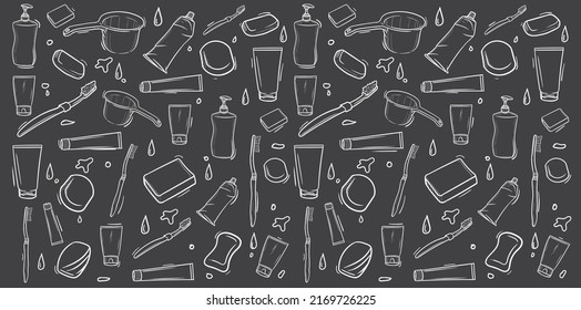 sketch vector background with line Bathroom set icons. Isolated on black background Bathroom set, washing, bathing, cleanliness seamless pattern. Hand drawn doodle background. Shower Bath texture
