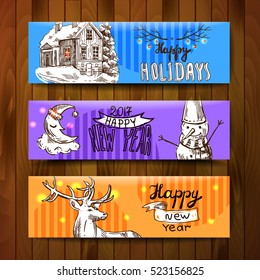 Sketch vector banners merry christmas and happy new year