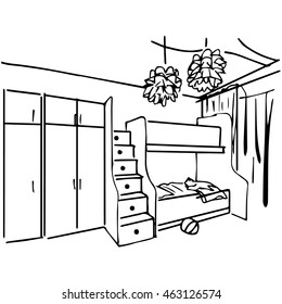 Sketch vector. Black and white interior of the bedroom