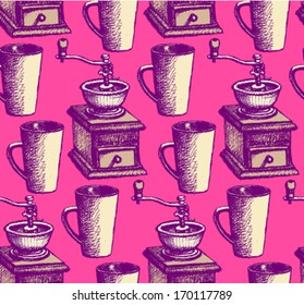 Sketch vector coffee mill and cup, vintage seamless pattern 