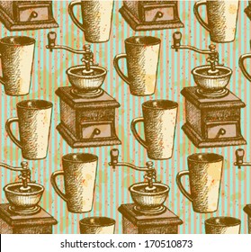 Sketch vector coffee mill and cup, vintage seamless pattern 