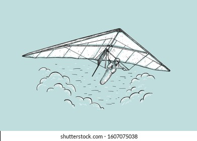 Sketch vector color illustration with hand drawn man flying on hang glider and clouds. Design for pillow print, cover, poster and postcard