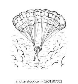 Sketch vector color illustration with hand drawn skydiver flying with a parachute. Paragliding in sky. Parachuting sport concept. Engraving style. Black line isolated on white