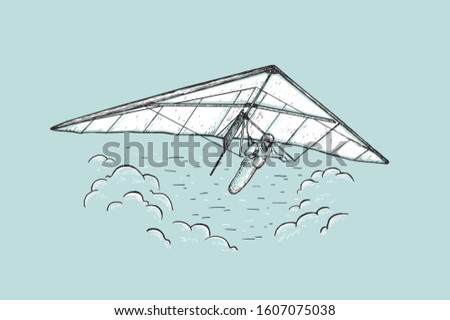 Sketch vector color illustration with hand drawn man flying on hang glider and clouds. Design for pillow print, cover, poster and postcard