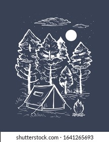 Sketch vector of a coniferous forest, tent, bonfire and moon. Engraving style. Romantic hand drawn vector illustration on a black background. Design for t-shirt print, postcard, poster, engraving