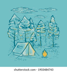 Sketch vector of a coniferous forest, tent, bonfire and clouds. Romantic hand drawn color vector illustration. Design for t-shirt print, pillow, postcard, poster