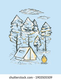Esbozo vectorial de un bosque de coníferas, tienda, hoguera y nubes. Ilustración vectorial de color dibujada a mano romántica. Diseño para la impresión de camisetas, postal, cartel, portada