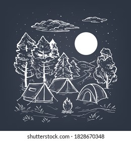 Sketch vector of a coniferous forest, tents, bonfire and moon. Engraving style. Touristic camp with tents. Night romantic hand drawn vector illustration on a black background. 