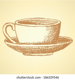 Sketch vector cup and plate, vintage background 