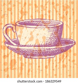 Sketch vector cup and plate, vintage background 