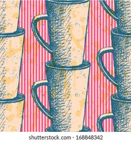 Sketch vector cup, vintage seamless pattern