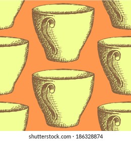 Sketch vector cup, vintage seamless pattern 