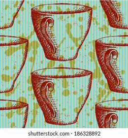 Sketch vector cup, vintage seamless pattern 