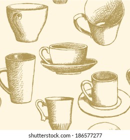 Sketch vector cup, vintage seamless pattern 