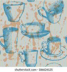 Sketch vector cup, vintage seamless pattern 