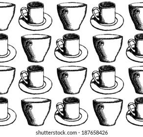Sketch vector cup, vintage seamless pattern 