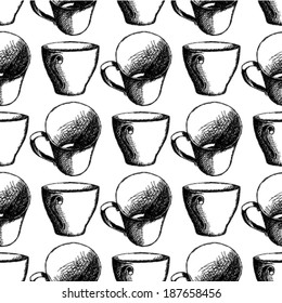 Sketch vector cup, vintage seamless pattern 