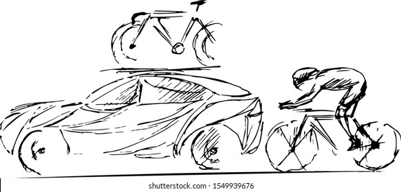 Sketch vector of cyclist riding beside a support car carrying a spare bike on the roof, drawn in motion with dynamic lines, faceless figures and aerodynamic posture.