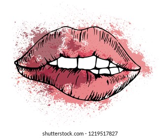 Sketch vector drawing, bitten lip on the background of bright pink watercolor stains