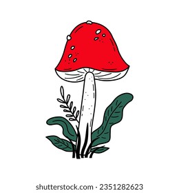 Sketch vector drawing of forest mushroom. Amanita doodle illustration for card, poster, tattoo design. Fairy fly agaric element.