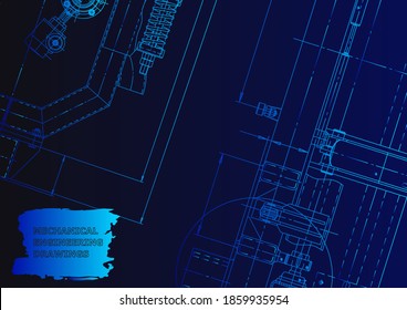Sketch. Vector engineering illustration. Cover. Instrument-making. Blue neon