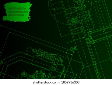 Sketch. Vector engineering illustration. Cover, flyer. Instrument-making. Green neon