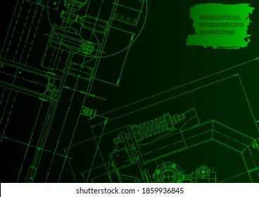 Sketch. Vector engineering illustration. Cover, flyer, banner. Instrument-making. Green neon
