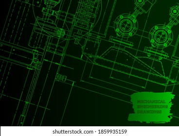 Sketch. Vector engineering illustration. Mechanical engineering drawing. Technical illustrations, Green neon