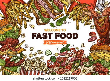Sketch vector fast food colorful detailed illustration. Colorful background with hand drawn hamburger, pop corn, sandwich, cola, french fries, italian pizza
