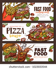 Sketch vector fast food colorful horizontal banners. Templates of design with hand drawn hamburger, pop corn, pizza, sandwich, cola, french fries