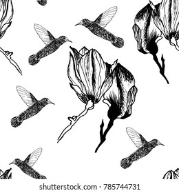 Sketch vector flower and bird pattern , hand drawn background