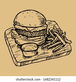 Sketch Vector Food and Drinks Illustration Burger with Fries and Sauce