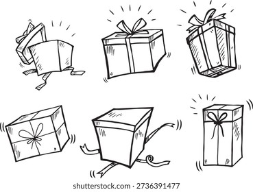 sketch of vector gift boxes .Presents gift box a white background.Hand-drawn Sketchy Gift Boxes Collection
