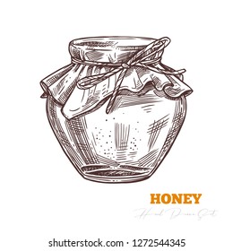 Sketch vector glass jar full of honey isolated on white. Hand drawn glass jar full of mead. Engraving illustration for beekeeping and apiculture company and business. Bee product