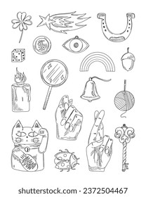 Sketch Vektorsymbol Glück, Glück, Erfolg, Wohlstand Konzept. Maneki Neko, Hufeisen, Klee, Eichel, böses Auge, Stern, Würfel, Feigen, Schlüssel, Pilz, Ladybug, Talisman, Amulet.